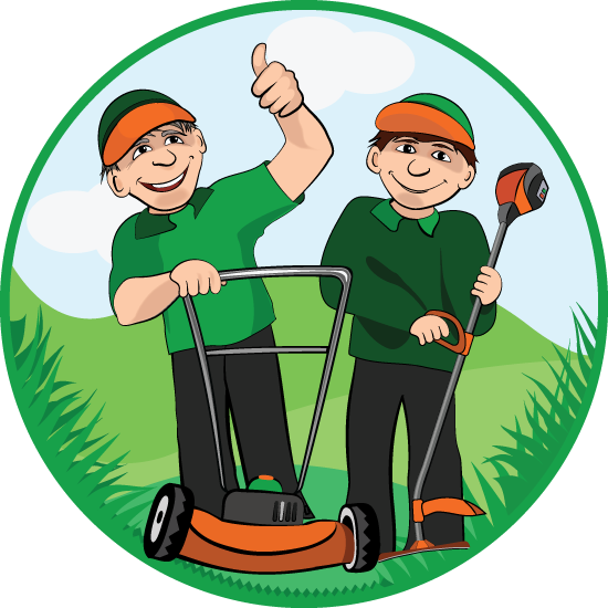 Illustration of two friendly lawnmowing guys busy at work